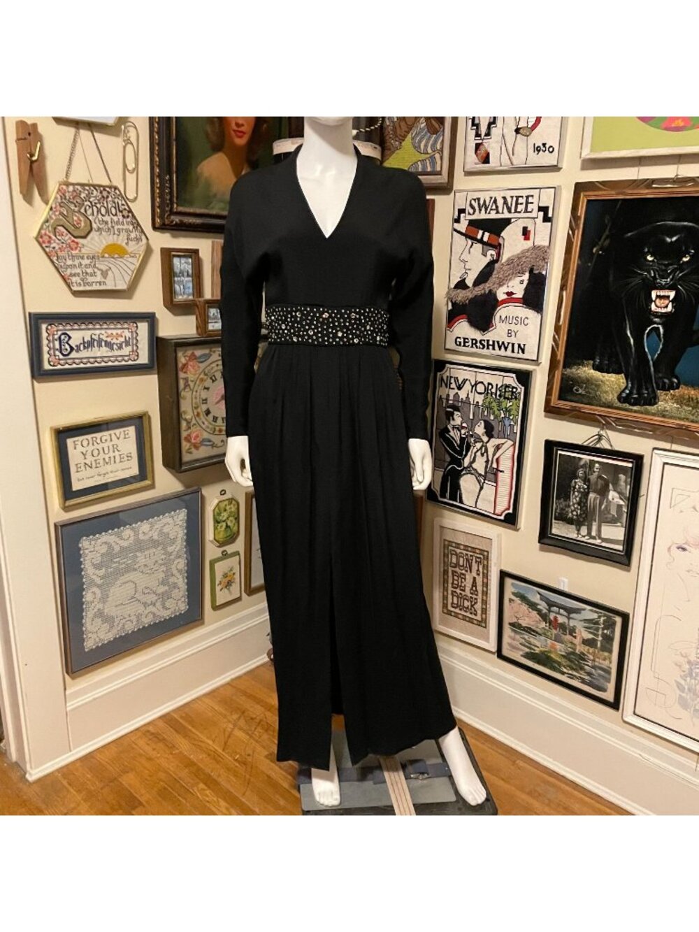 70s Vintage Don Sophisticates Black Faille Maxi Evening Gown with Rhinestones